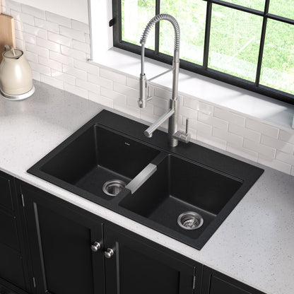 KRAUS 33" Dual Mount 50/50 Double Bowl Black Onyx Granite Kitchen Sink - KGD-433B