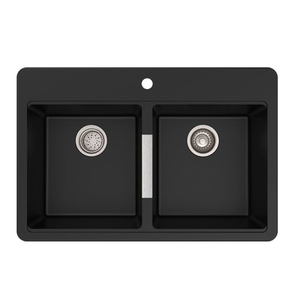 KRAUS 33" Dual Mount 50/50 Double Bowl Black Onyx Granite Kitchen Sink - KGD-433B