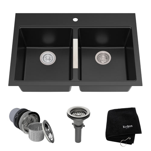 KRAUS 33" Dual Mount 50/50 Double Bowl Black Onyx Granite Kitchen Sink - KGD-433B