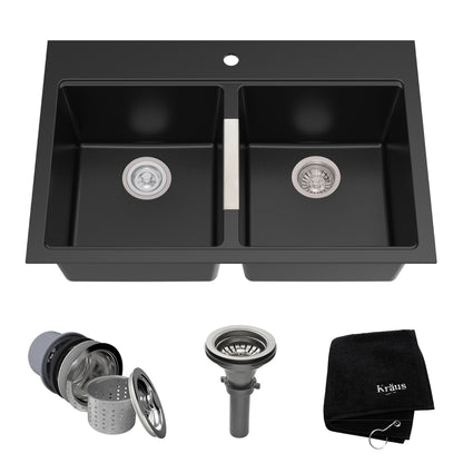 KRAUS 33" Dual Mount 50/50 Double Bowl Black Onyx Granite Kitchen Sink - KGD-433B