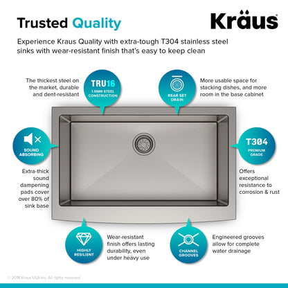 KRAUS 33" Farmhouse Single Bowl Stainless Steel Kitchen Sink with NoiseDefend Soundproofing - KHF200-33