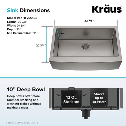KRAUS 33" Farmhouse Single Bowl Stainless Steel Kitchen Sink with NoiseDefend Soundproofing - KHF200-33