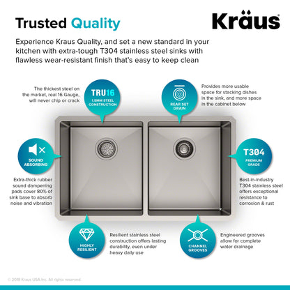 KRAUS 33" Undermount 50/50 Double Bowl 16 Gauge Stainless Steel Kitchen Sink with NoiseDefend Soundproofing - KHU102-33