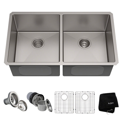 KRAUS 33" Undermount 50/50 Double Bowl 16 Gauge Stainless Steel Kitchen Sink with NoiseDefend Soundproofing - KHU102-33