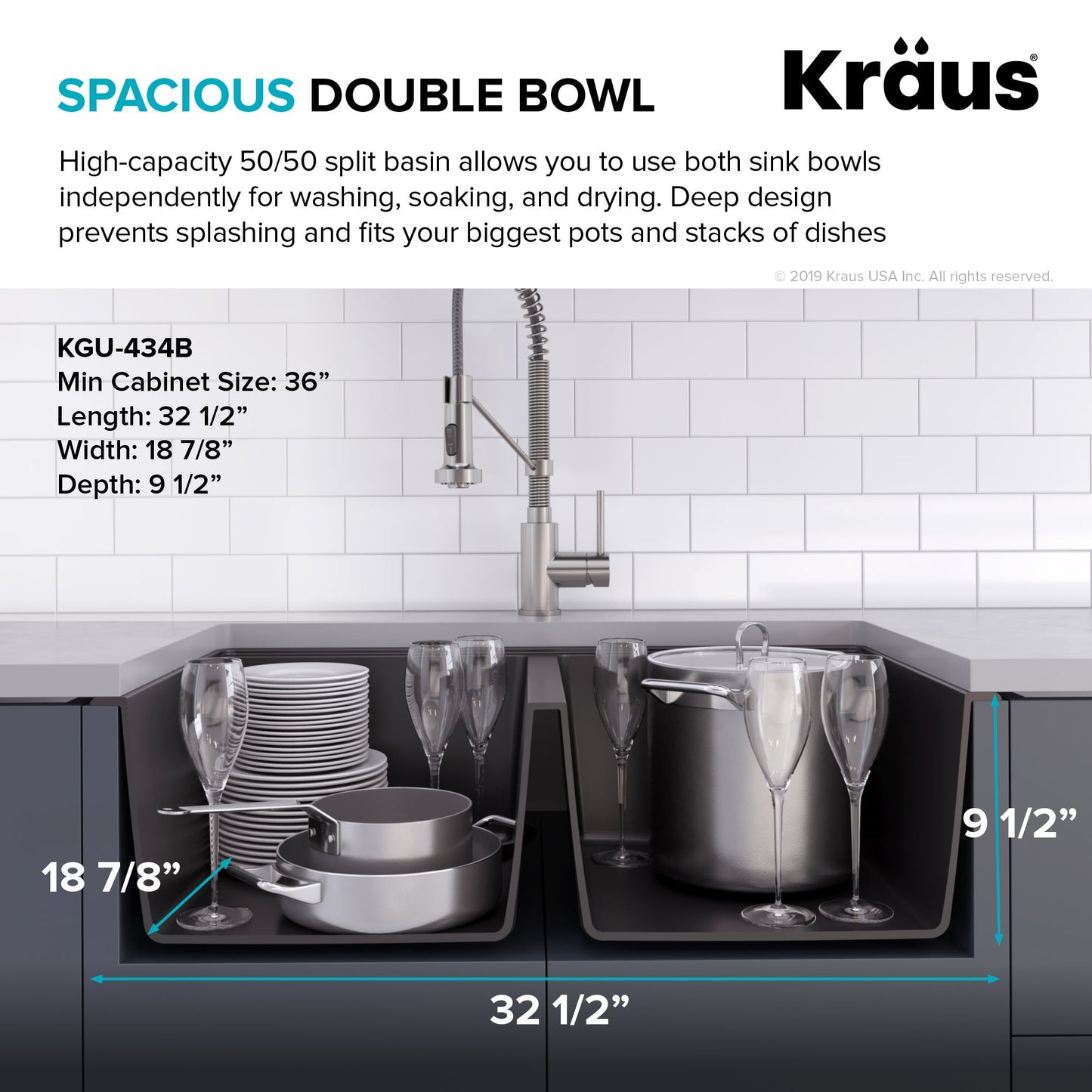 KRAUS 33" Undermount 50/50 Double Bowl Black Onyx Granite Kitchen Sink - KGU-434B