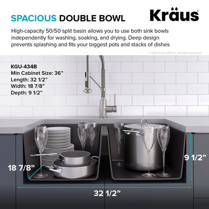 KRAUS 33" Undermount 50/50 Double Bowl Black Onyx Granite Kitchen Sink - KGU-434B
