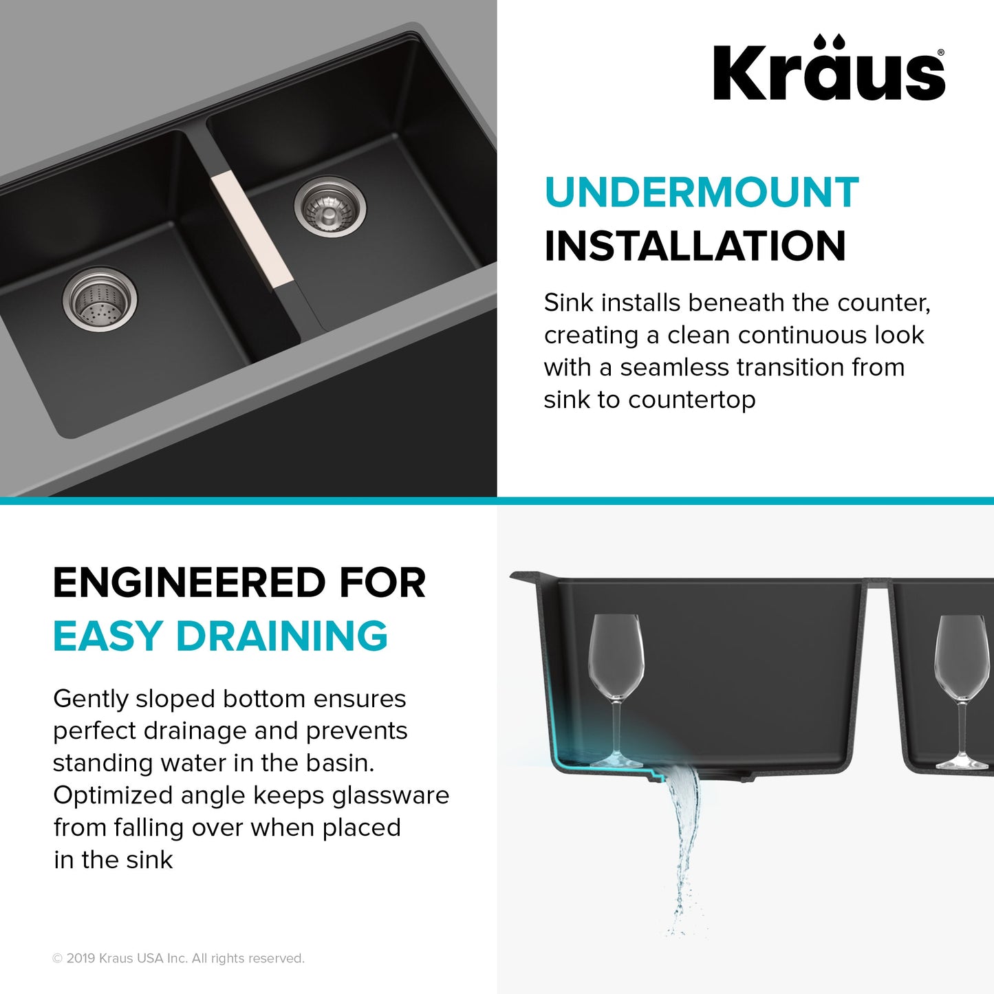 KRAUS 33" Undermount 50/50 Double Bowl Black Onyx Granite Kitchen Sink - KGU-434B