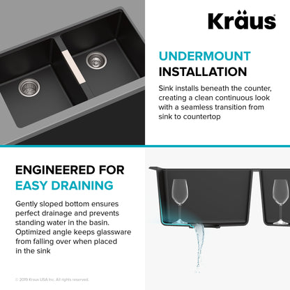KRAUS 33" Undermount 50/50 Double Bowl Black Onyx Granite Kitchen Sink - KGU-434B