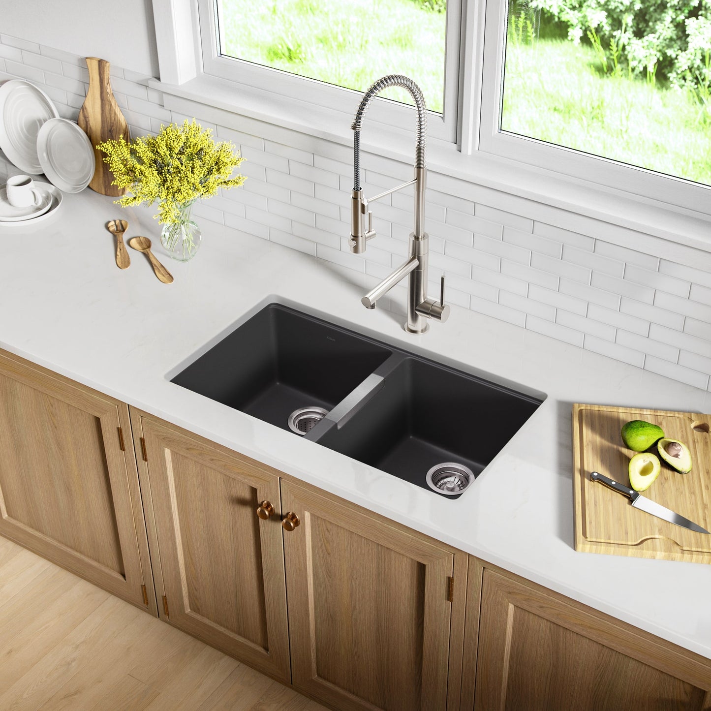 KRAUS 33" Undermount 50/50 Double Bowl Black Onyx Granite Kitchen Sink - KGU-434B