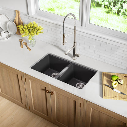 KRAUS 33" Undermount 50/50 Double Bowl Black Onyx Granite Kitchen Sink - KGU-434B