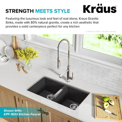 KRAUS 33" Undermount 50/50 Double Bowl Black Onyx Granite Kitchen Sink - KGU-434B