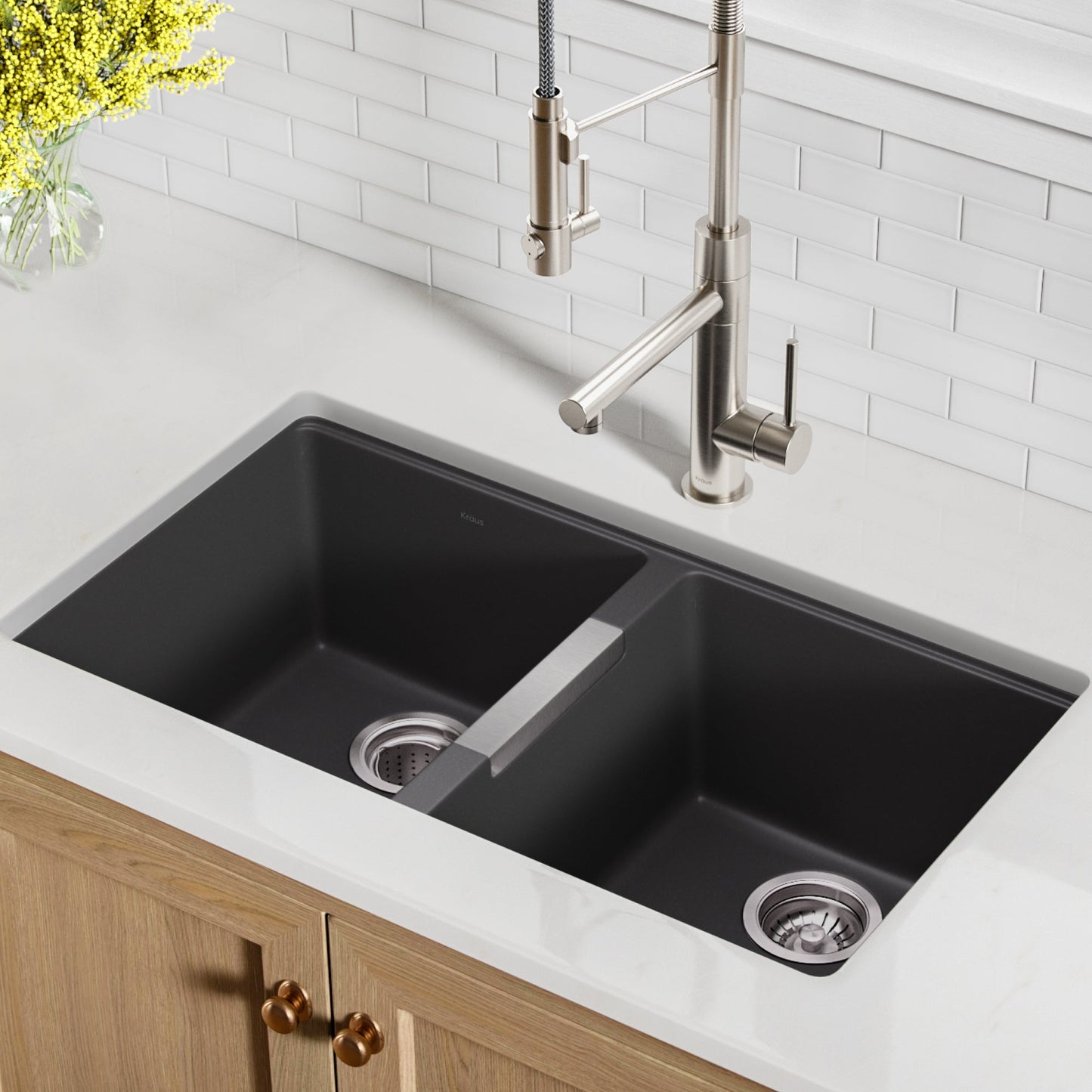 KRAUS 33" Undermount 50/50 Double Bowl Black Onyx Granite Kitchen Sink - KGU-434B