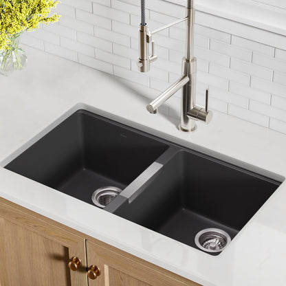 KRAUS 33" Undermount 50/50 Double Bowl Black Onyx Granite Kitchen Sink - KGU-434B