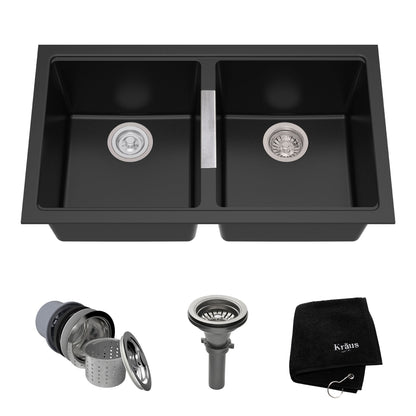 KRAUS 33" Undermount 50/50 Double Bowl Black Onyx Granite Kitchen Sink - KGU-434B