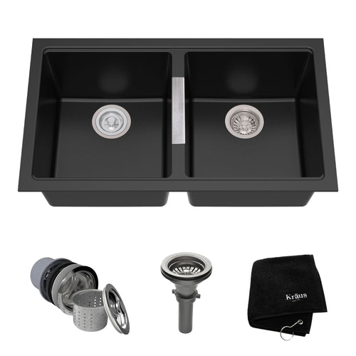 KRAUS 33" Undermount 50/50 Double Bowl Black Onyx Granite Kitchen Sink - KGU-434B