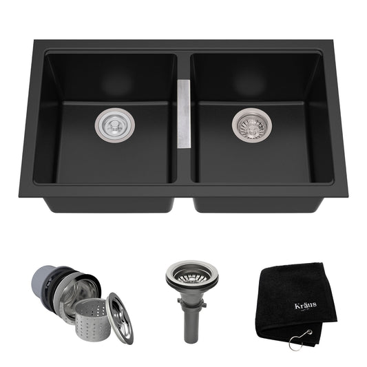 KRAUS 33" Undermount 50/50 Double Bowl Black Onyx Granite Kitchen Sink - KGU-434B