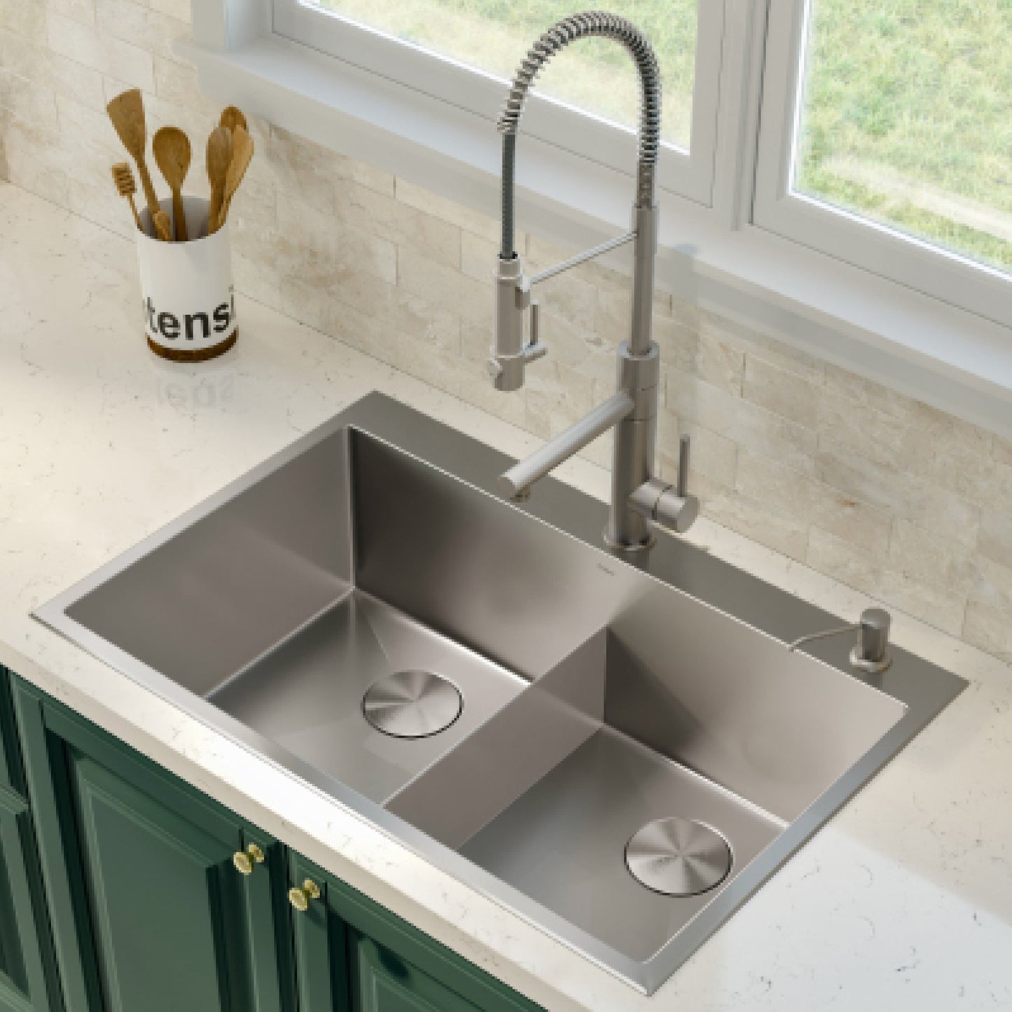 KRAUS 33 x 22 inch Standart PRO Drop-In 16 Gauge Double Bowl 2-Hole Stainless Steel Kitch - KHT302-33en Sink