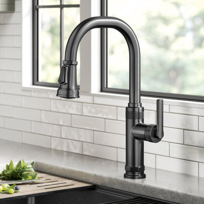KRAUS Allyn Black Stainless Nut & Bolt Diamond Cut Kitchen Faucet - KPF-4102SFSB