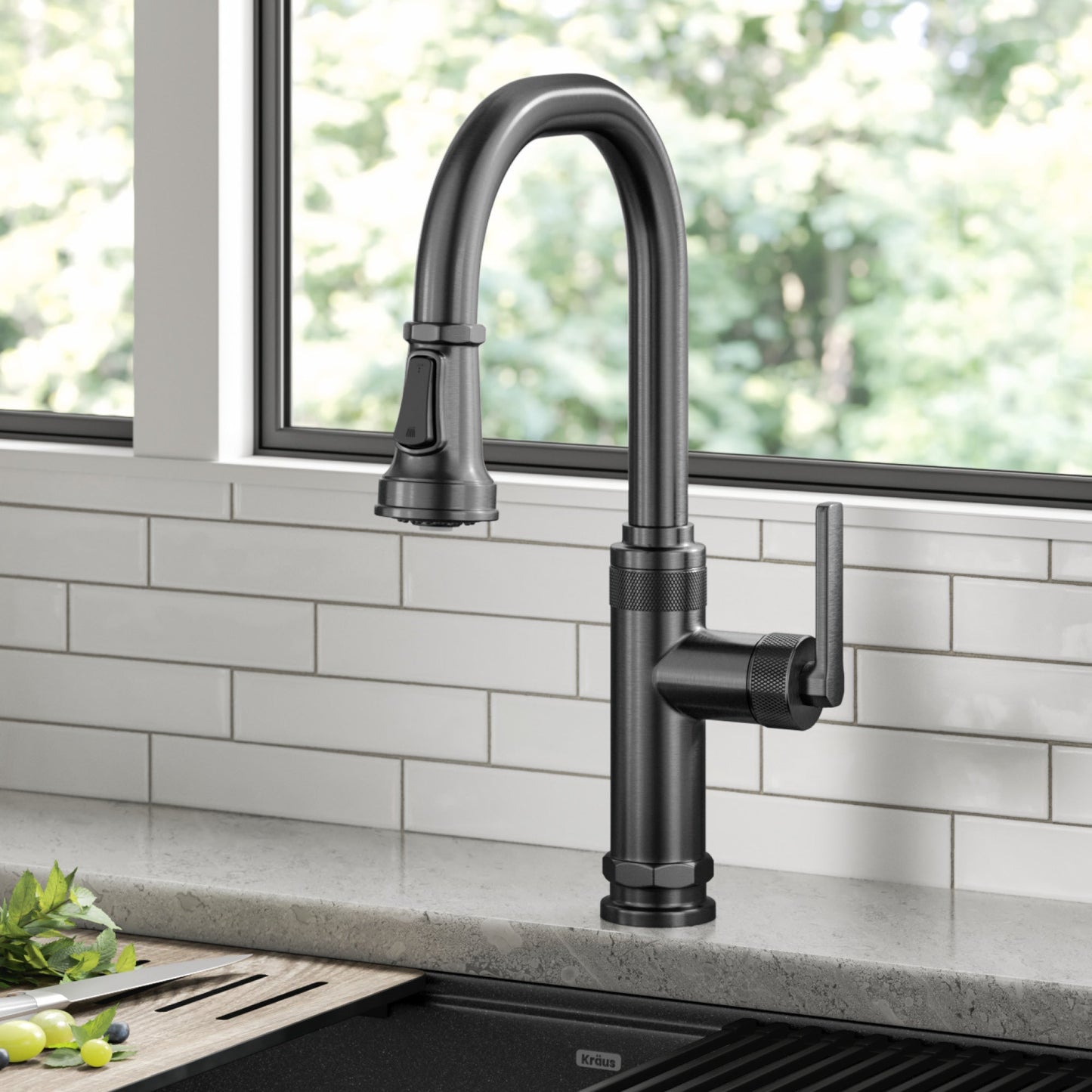 KRAUS Allyn Black Stainless Nut & Bolt Diamond Cut Kitchen Faucet - KPF-4102SFSB