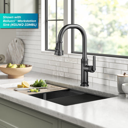 KRAUS Allyn Black Stainless Nut & Bolt Diamond Cut Kitchen Faucet - KPF-4102SFSB