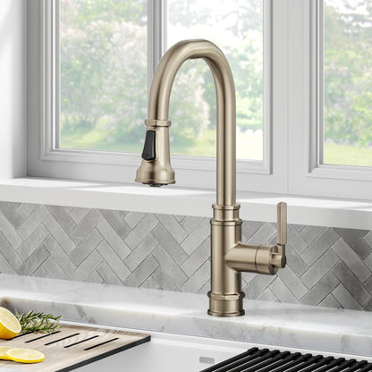 KRAUS Allyn Industrial Pull-Down Kitchen Faucet in Antique Champagne Bronze - KPF-4101SFACB