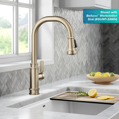 KRAUS Allyn Industrial Pull-Down Kitchen Faucet in Antique Champagne Bronze - KPF-4101SFACB