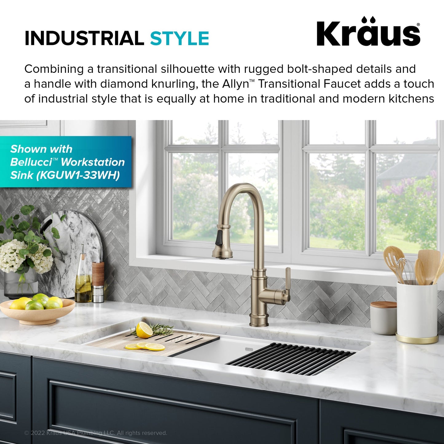 KRAUS Allyn Industrial Pull-Down Kitchen Faucet in Antique Champagne Bronze - KPF-4101SFACB