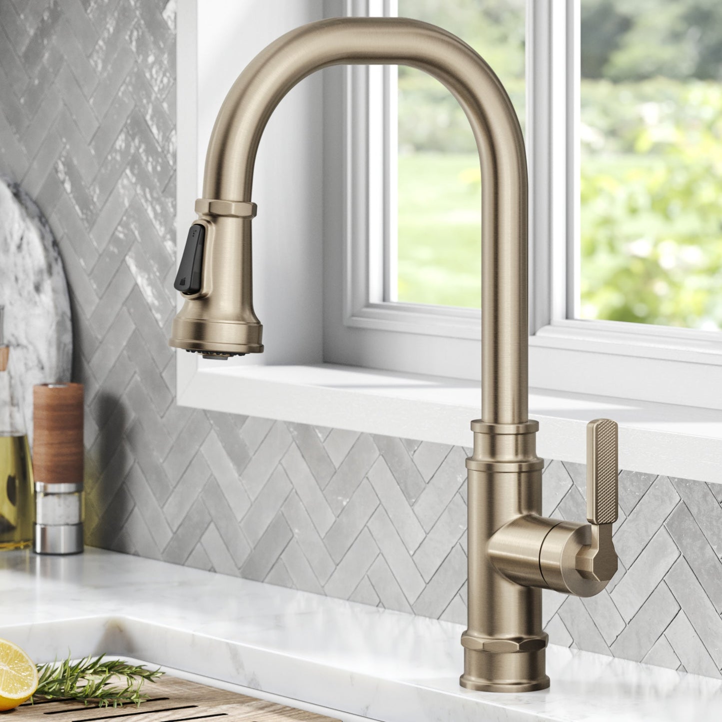 KRAUS Allyn Industrial Pull-Down Kitchen Faucet in Antique Champagne Bronze - KPF-4101SFACB