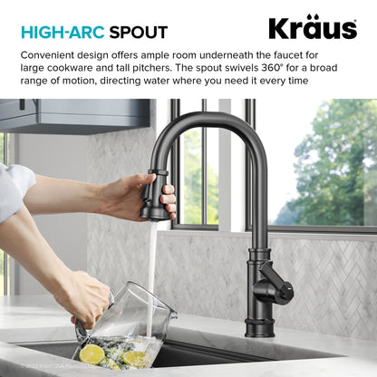 KRAUS Allyn Industrial Pull-Down Kitchen Faucet in Spot-Free Black Stainless Steel - KPF-4101SFSB