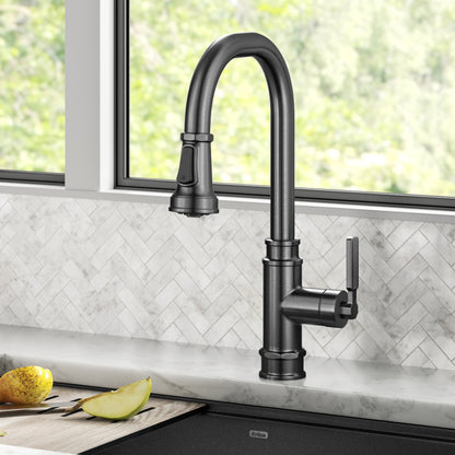 KRAUS Allyn Industrial Pull-Down Kitchen Faucet in Spot-Free Black Stainless Steel - KPF-4101SFSB