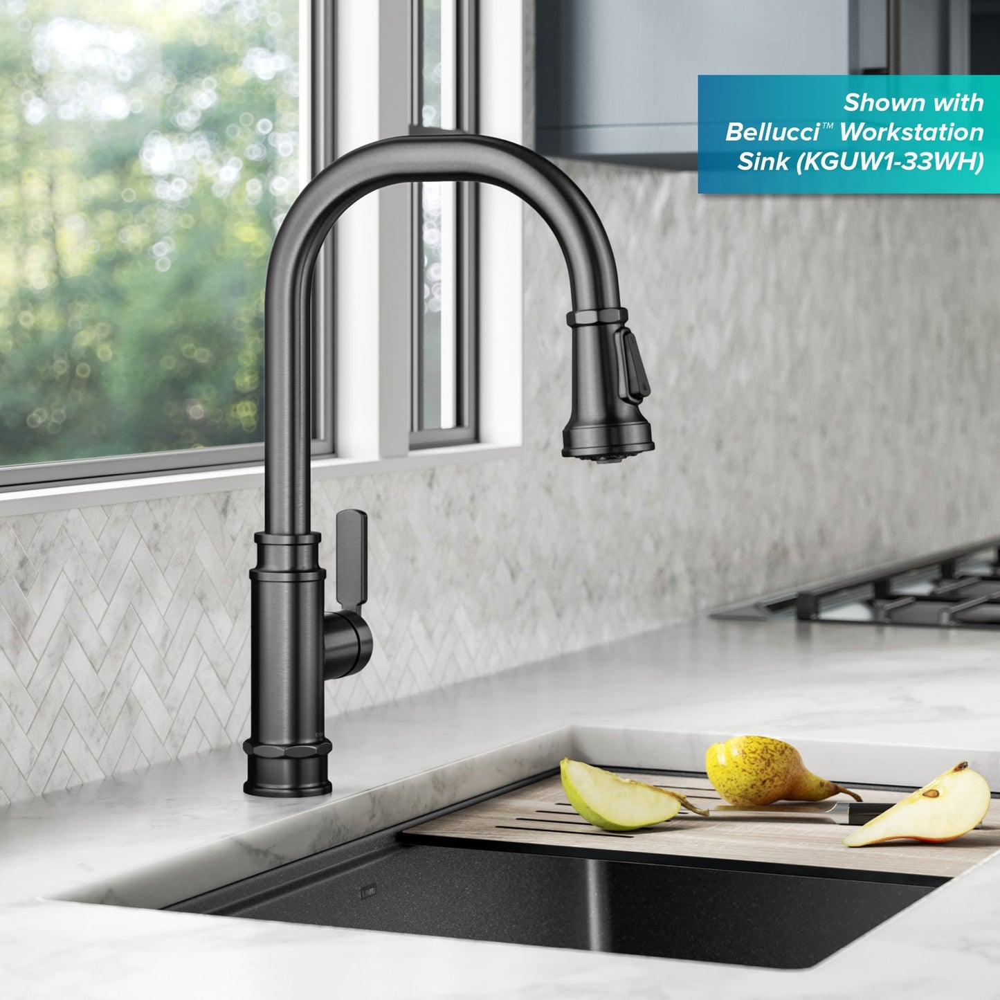 KRAUS Allyn Industrial Pull-Down Kitchen Faucet in Spot-Free Black Stainless Steel - KPF-4101SFSB