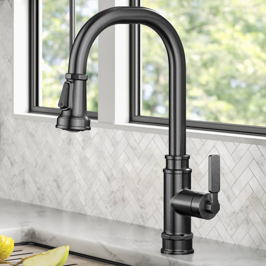KRAUS Allyn Industrial Pull-Down Kitchen Faucet in Spot-Free Black Stainless Steel - KPF-4101SFSB