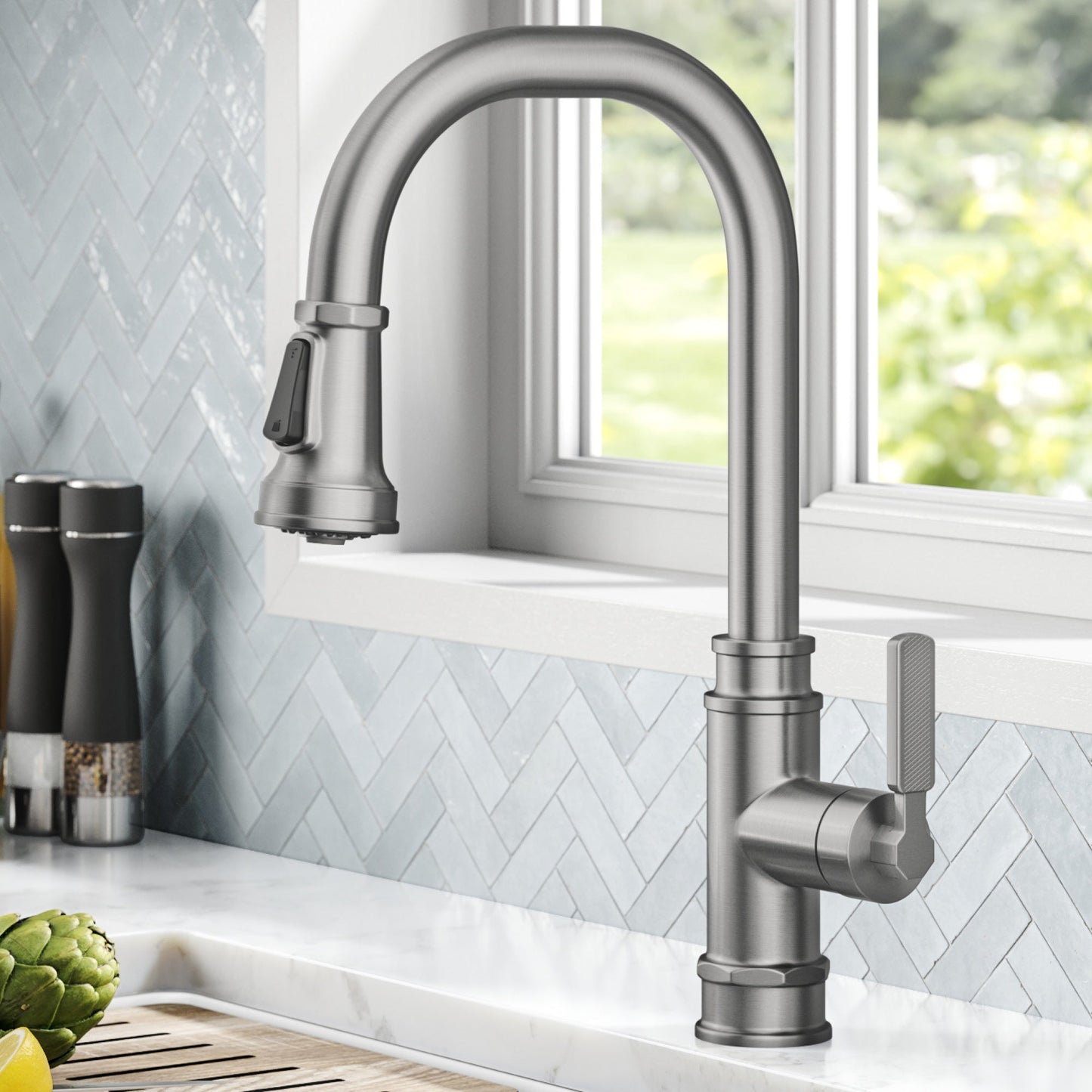 KRAUS Allyn Industrial Pull-Down Kitchen Faucet in Spot-Free Stainless Steel