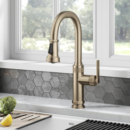 KRAUS Allyn Nut & Bolt Diamond Cut Kitchen Faucet in Antique Champagne Bronze - KPF-4102SFACB