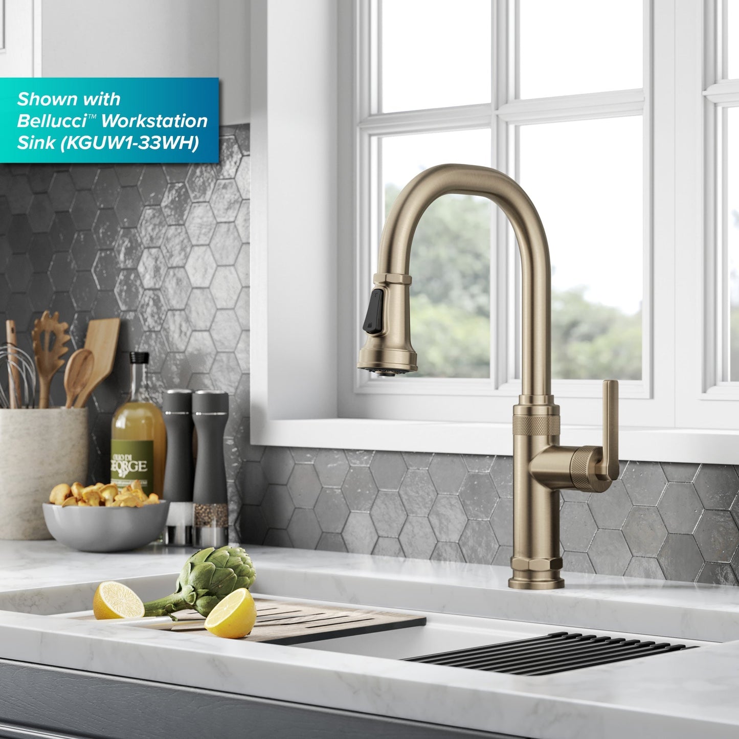 KRAUS Allyn Nut & Bolt Diamond Cut Kitchen Faucet in Antique Champagne Bronze - KPF-4102SFACB