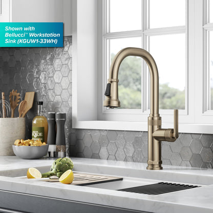 KRAUS Allyn Nut & Bolt Diamond Cut Kitchen Faucet in Antique Champagne Bronze - KPF-4102SFACB