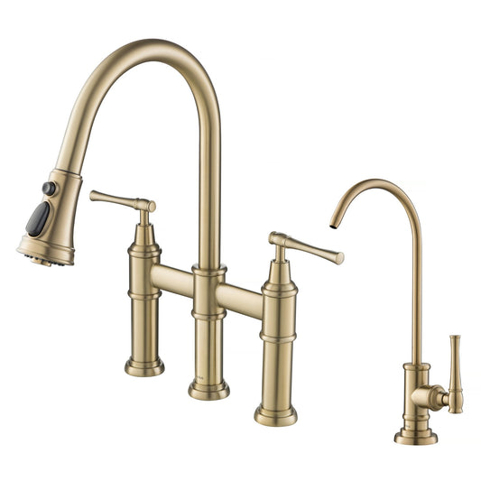 KRAUS Allyn Transitional Bridge Kitchen Faucet & Water Filter Faucet in Brushed Gold