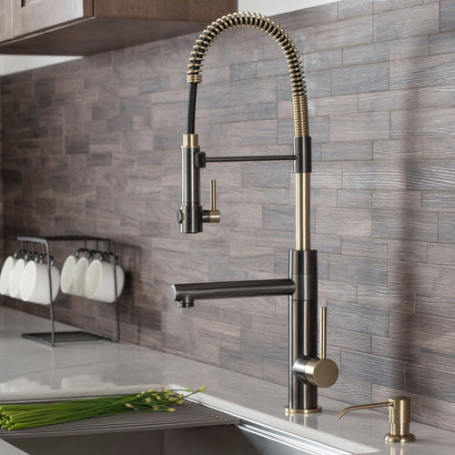 KRAUS Artec Pro 2-Function Commercial Style Pre-Rinse Kitchen Faucet in Black Stainless/Brushed Gold - KPF-1603SBBG