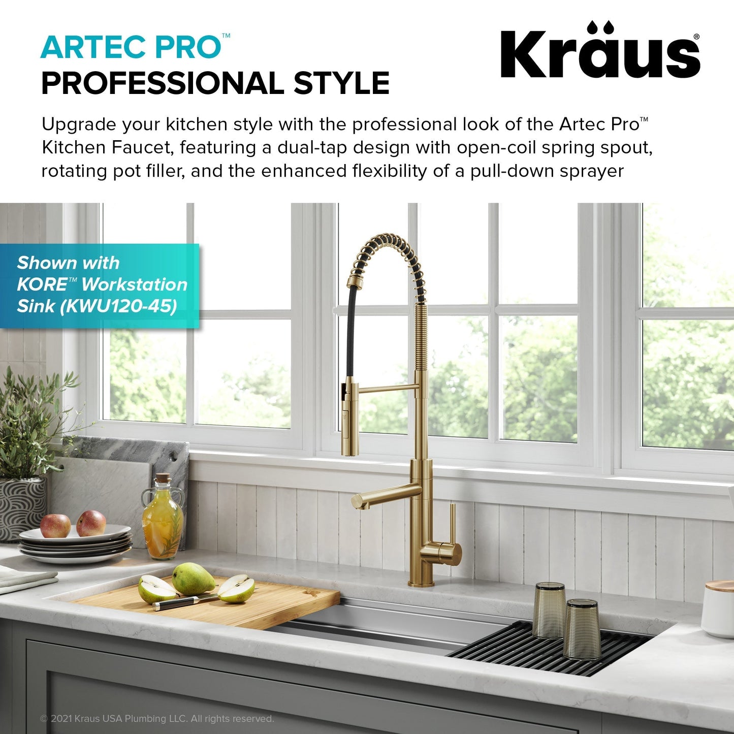 KRAUS Artec Pro Commercial Style Single Handle Kitchen Faucet with Pot Filler in Brushed Brass - KPF-1604BB