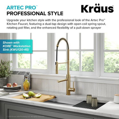 KRAUS Artec Pro Commercial Style Single Handle Kitchen Faucet with Pot Filler in Brushed Brass - KPF-1604BB