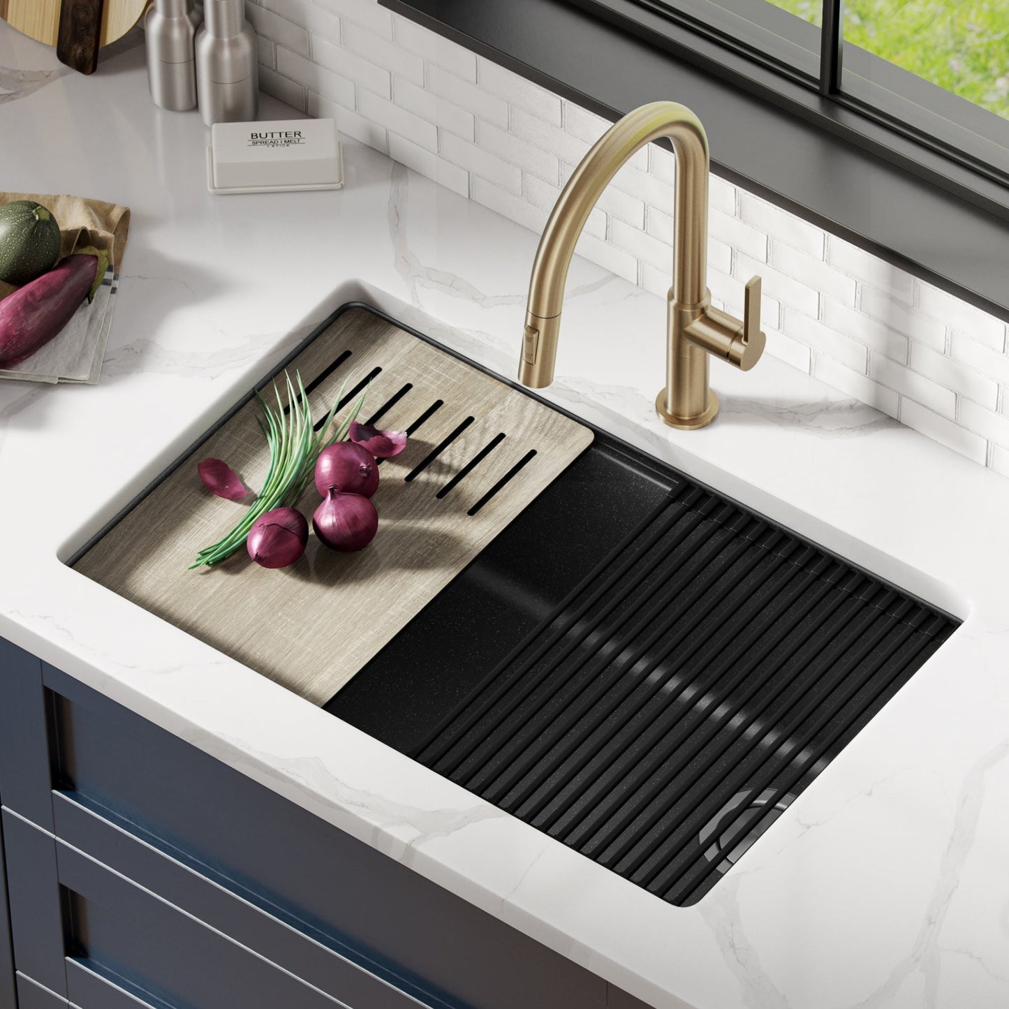 KRAUS Bellucci Workstation 30" Undermount Granite Composite Single Bowl Kitchen Sink with Accessories - KGUW2-30MBL