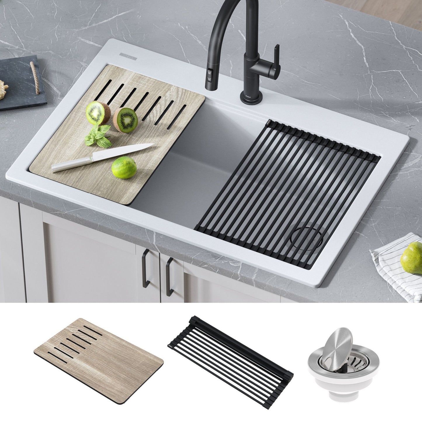 KRAUS Bellucci Workstation 33" Drop-In Granite Composite Kitchen Sink in White with Accessories - KGTW1-33WH
