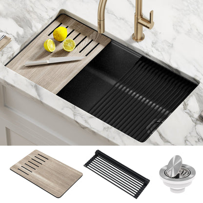 KRAUS Bellucci Workstation 33" Undermount Granite Composite Kitchen Sink in Metallic Black with Accessories