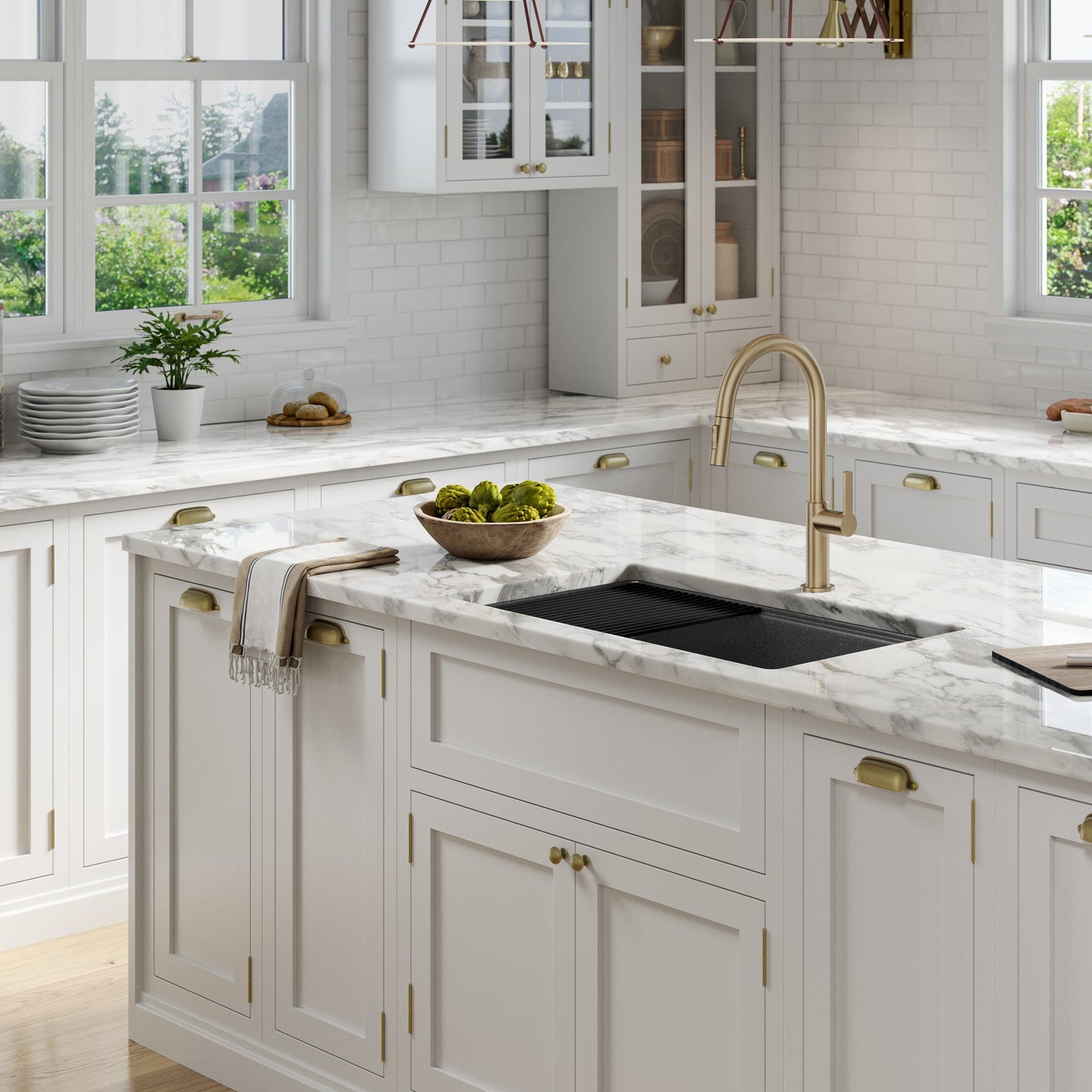 KRAUS Bellucci Workstation 33" Undermount Granite Composite Kitchen Sink in Metallic Black with Accessories