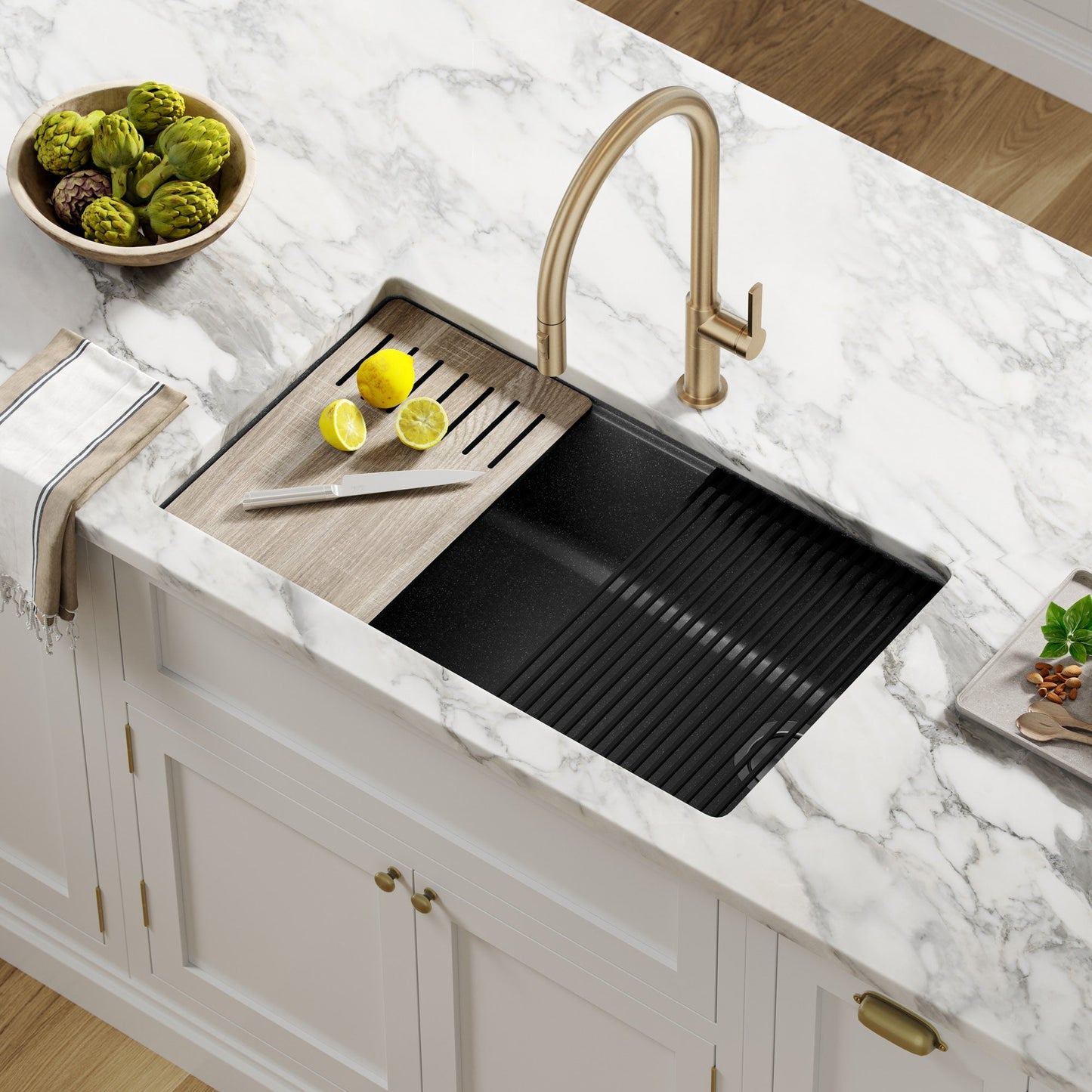 KRAUS Bellucci Workstation 33" Undermount Granite Composite Kitchen Sink in Metallic Black with Accessories