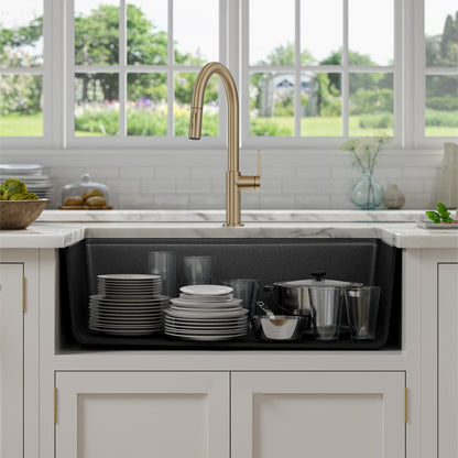 KRAUS Bellucci Workstation 33" Undermount Granite Composite Kitchen Sink in Metallic Black with Accessories