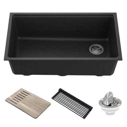 KRAUS Bellucci Workstation 33" Undermount Granite Composite Kitchen Sink in Metallic Black with Accessories
