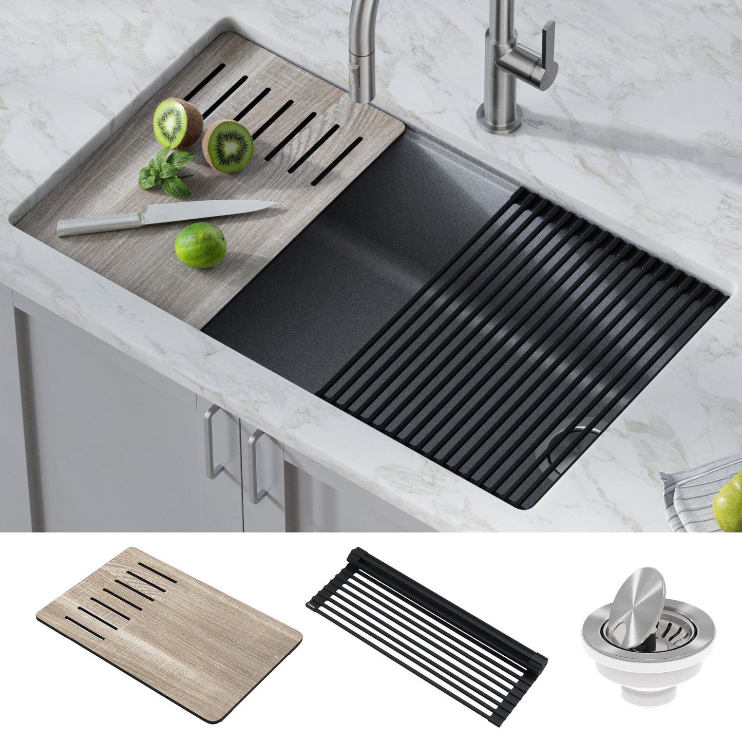KRAUS Bellucci Workstation 33" Undermount Granite Composite Kitchen Sink in Metallic Gray with Accessories