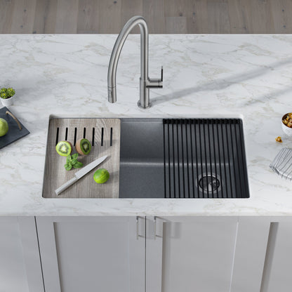 KRAUS Bellucci Workstation 33" Undermount Granite Composite Kitchen Sink in Metallic Gray with Accessories