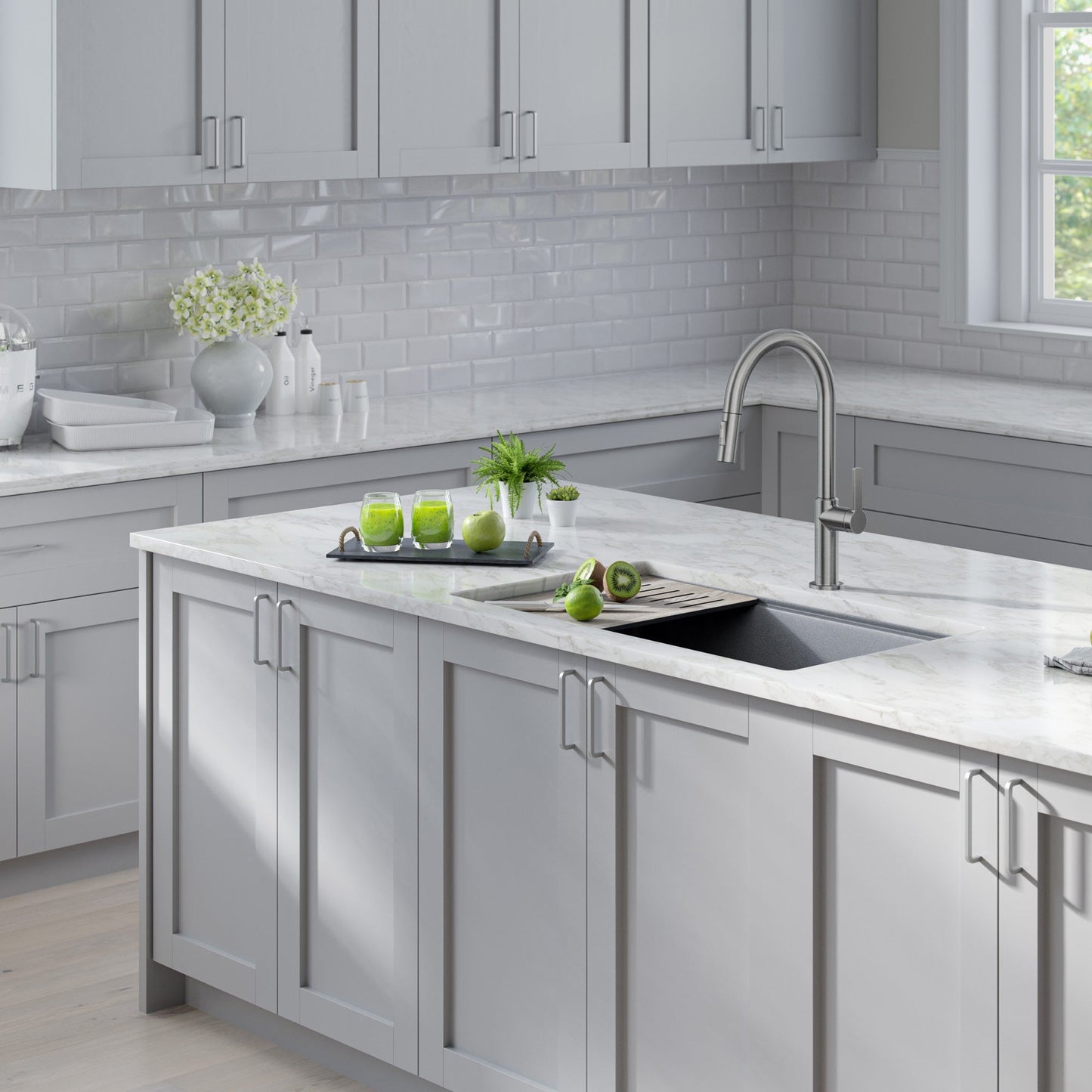 KRAUS Bellucci Workstation 33" Undermount Granite Composite Kitchen Sink in Metallic Gray with Accessories
